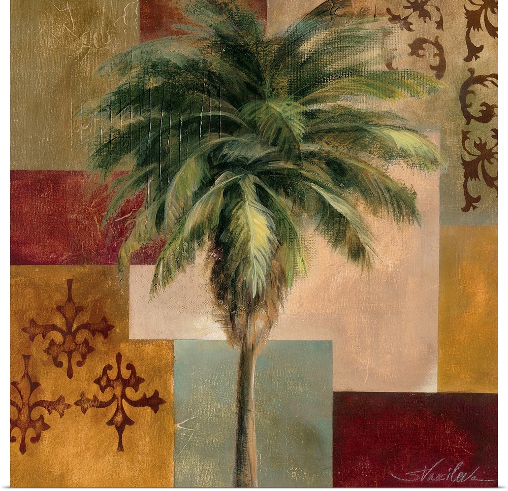 A palm tree is painted against blocks of colors and designs.