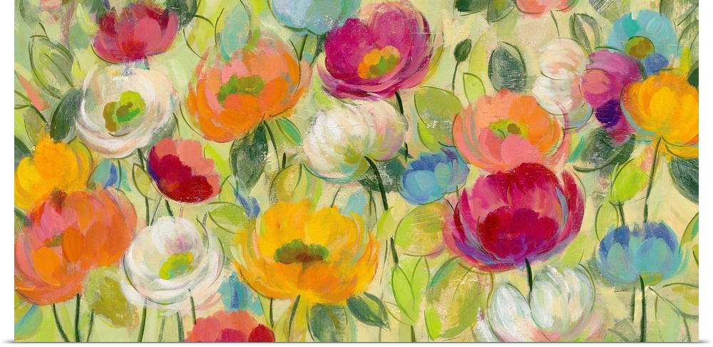 Painting of several colorful flowers in a garden.