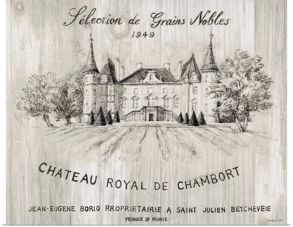 Gray and white sketch of the Chateau Royal De Chamborat vineyard on wood panels.