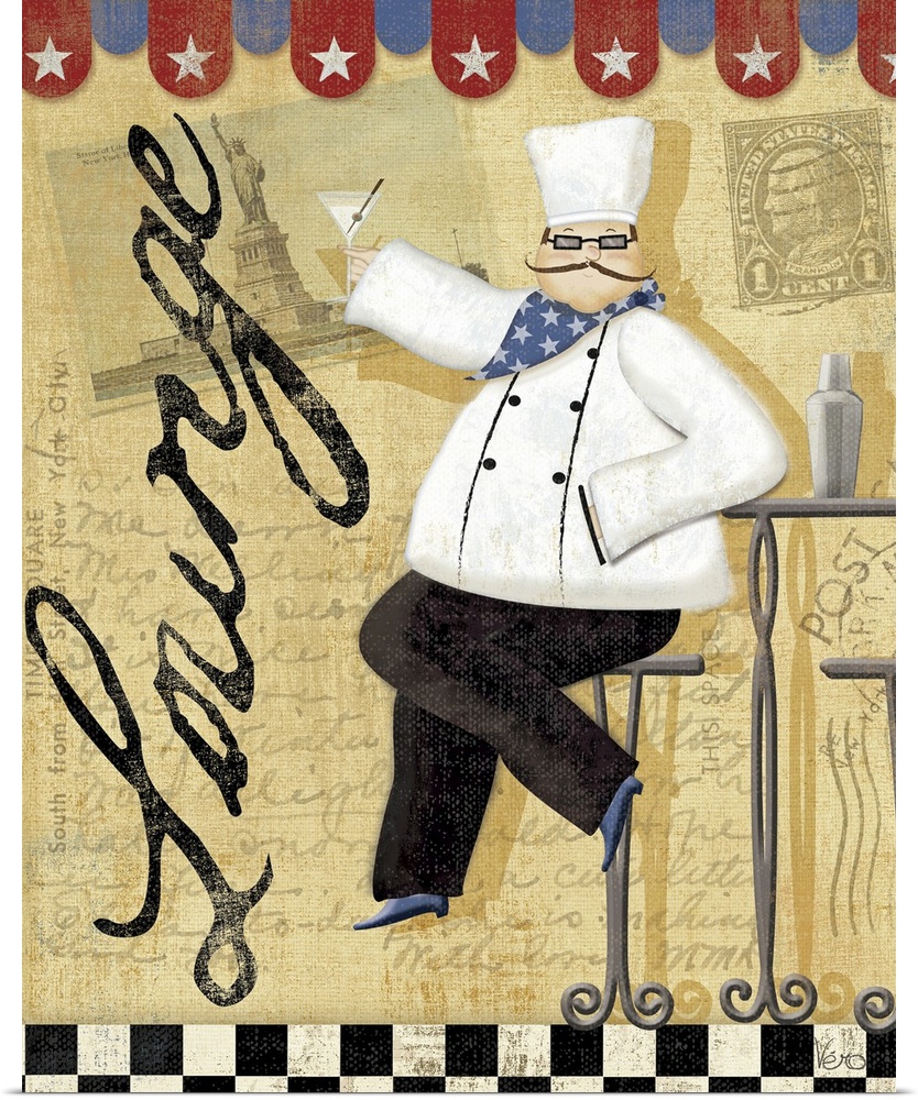 Canvas painting of a chef sitting in a chair holding a wine glass in a restaurant.