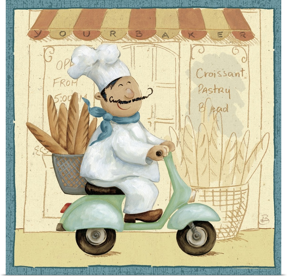 Decorative artwork perfect for the kitchen of a chef riding a moped with a basket of bread on the back.