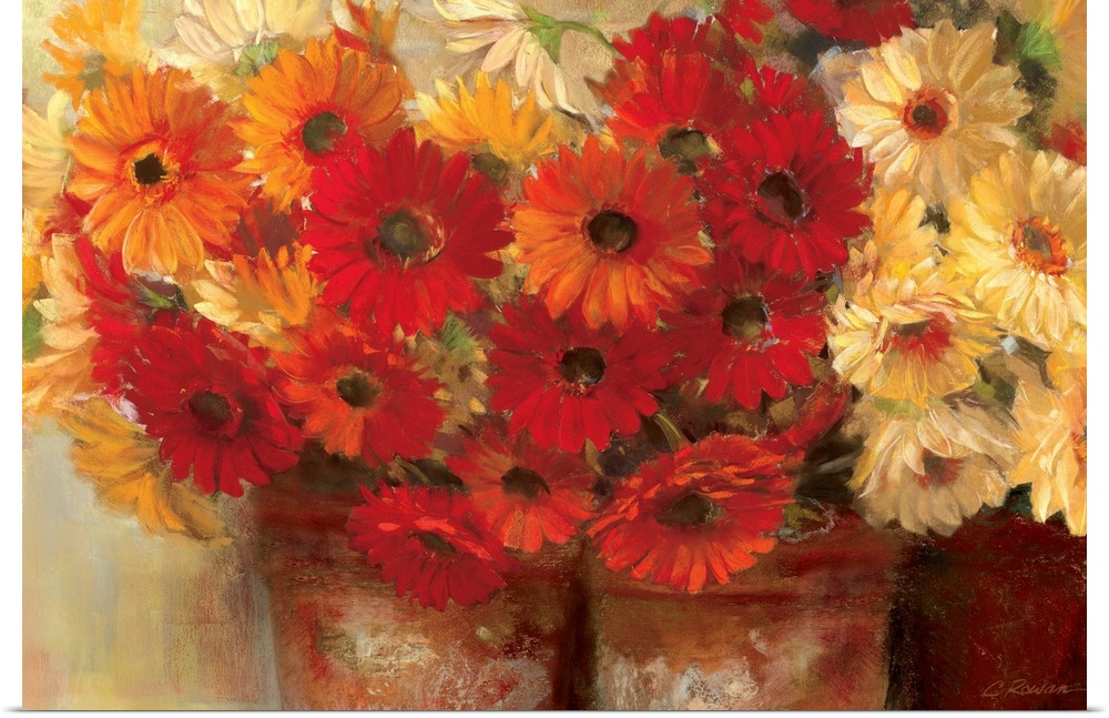 Horizontal still life of daisies growing in terra cotta pots painted in a realistic style.