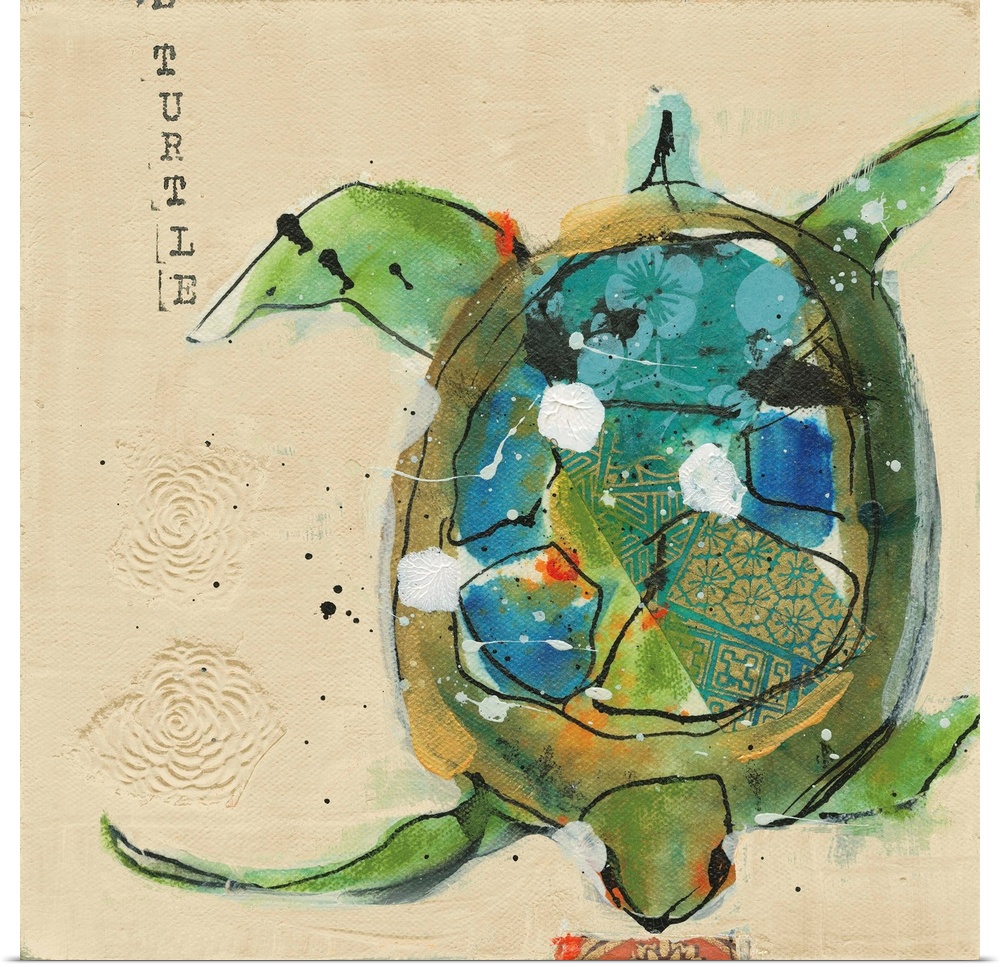 Square abstract painting of a turtle with designs on its shell and the word "Turtle" stamped on the top.