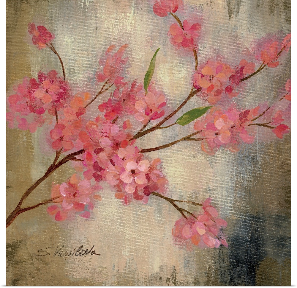 Large, square decorative painting of a cherry blossom branch in bloom, on a neutral background of rough textured brushstro...