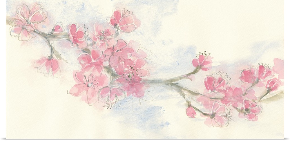 Contemporary artwork of a branch with blooming pink flowers.