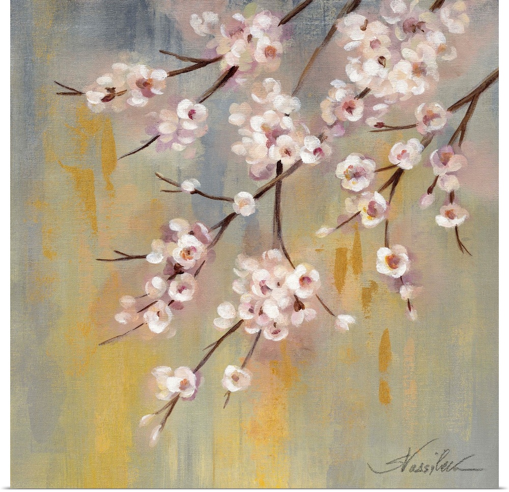 Contemporary painting of branches with pink cherry blossoms.