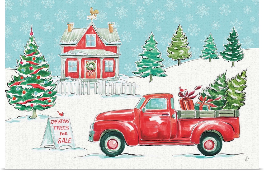A decorative holiday scene of a vintage truck carrying Christmas trees at a tree farm covered in snow and a blue sky full ...