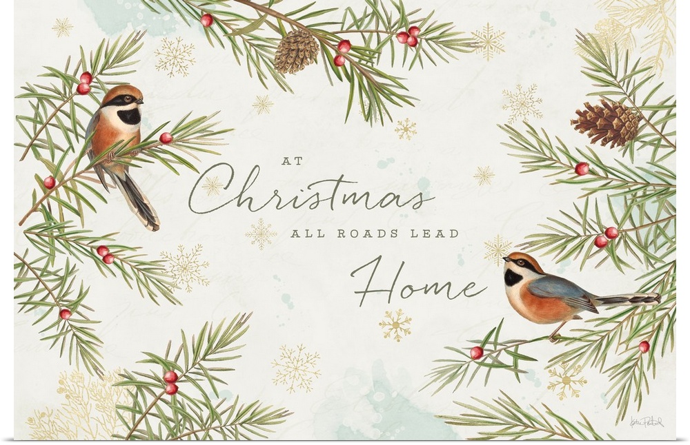 "At Christmas All roads Lead Home" seasonal decor with birds in pine trees.