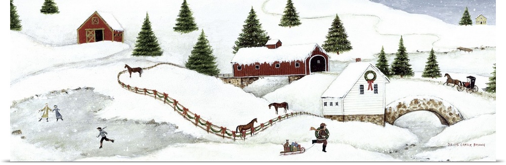 Contemporary painting of an idyllic winter scene.