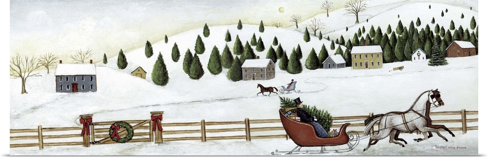 Contemporary painting of an idyllic winter scene with a horse drawn sleigh in the foreground.