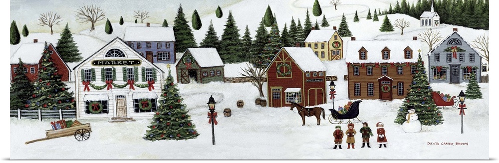 Contemporary painting of an idyllic winter scene of small rural town during Christmas.
