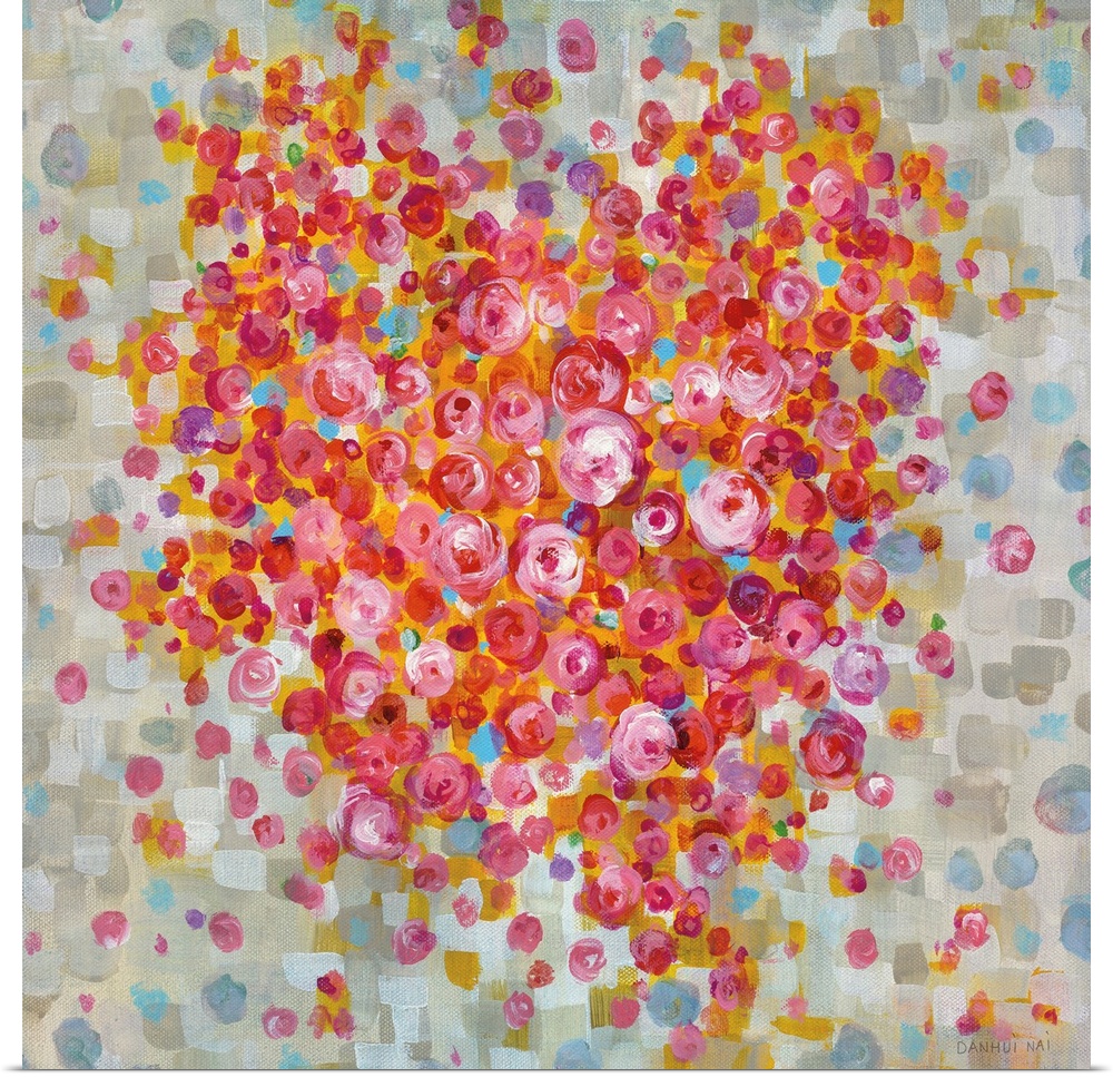 A square abstract painting in the shape of a heart composed of multi-color dots and square shapes.