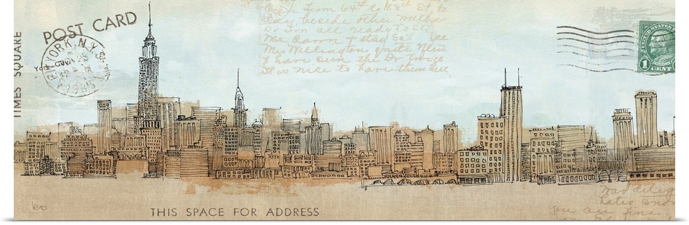 A philately inspired illustration of the NYC skyline with stamps and a hand written note on a panoramic shaped canvas.