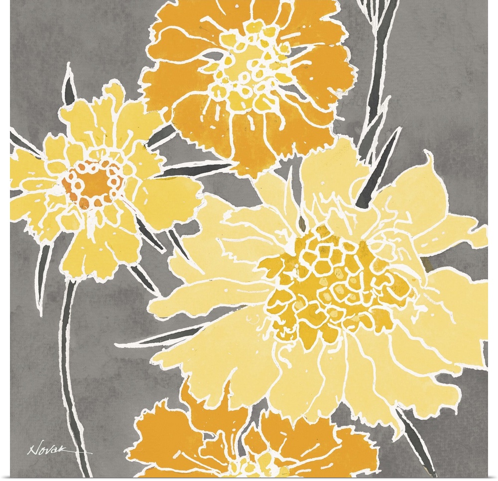 Contemporary painting of bright orange and yellow flowers against a gray background.