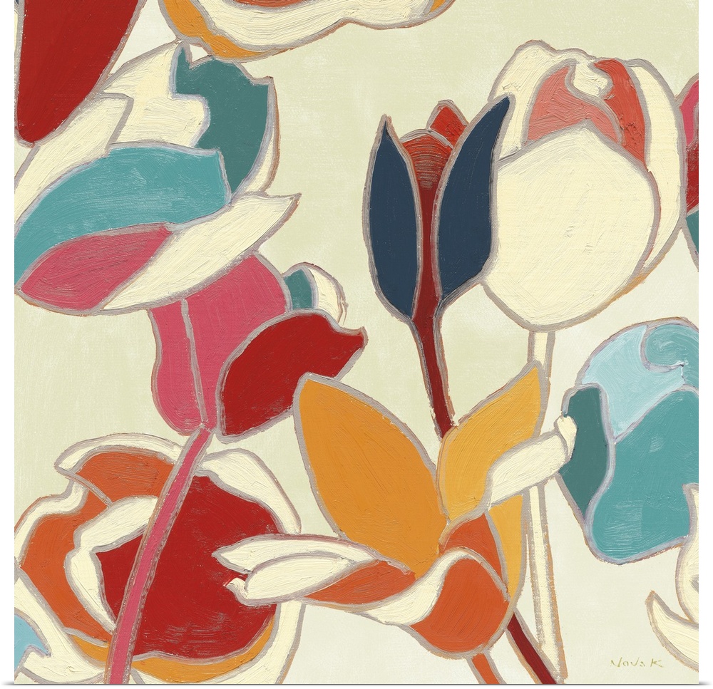 Contemporary artwork of garden flowers in a retro colors and bold gilded outlines.