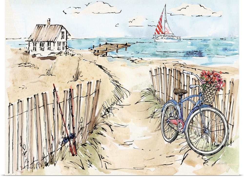 Watercolor painting of a beach scene with a blue bicycle and fishing poles in the foreground and a sailboat in the backgro...