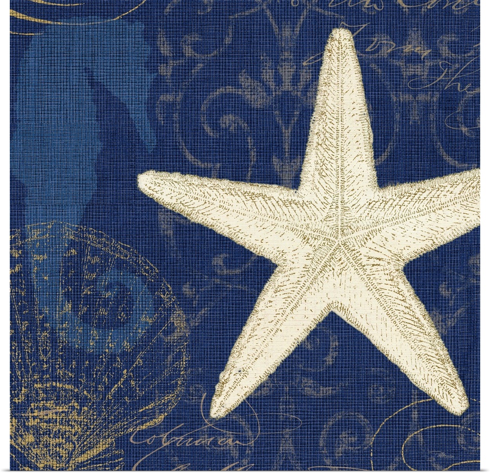 Contemporary artwork of a starfish with other types of sea life against a blue background.