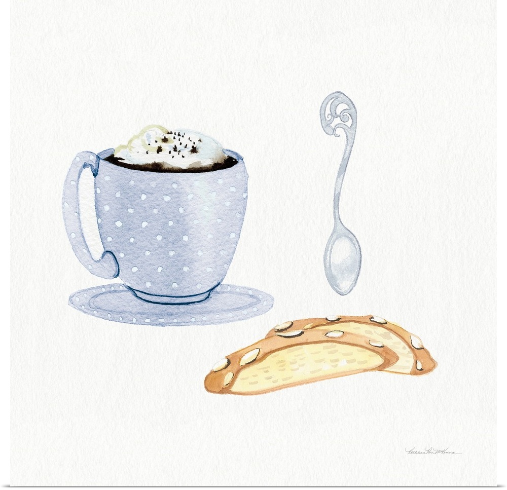 Square watercolor painting of a blue and white polka dot coffee cup with biscotti and a spoon on a white background.
