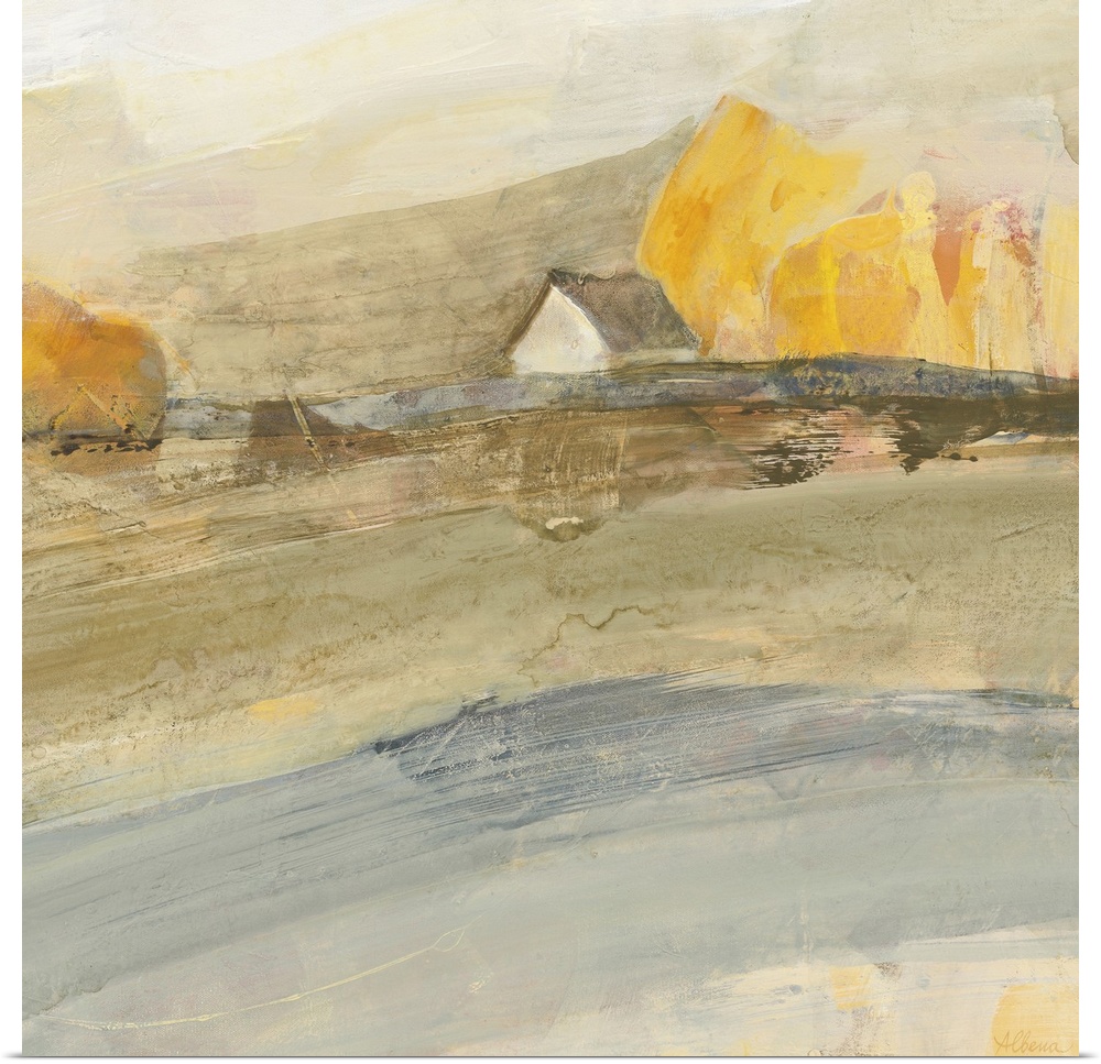 Contemporary landscape painting of a single house surrounded by yellow trees and an open field in neutral colors.