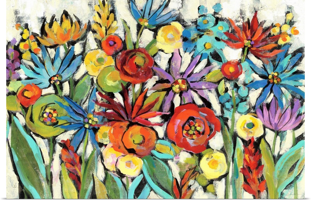 Colorful abstract painting of a group of wildflowers on a neutral background.