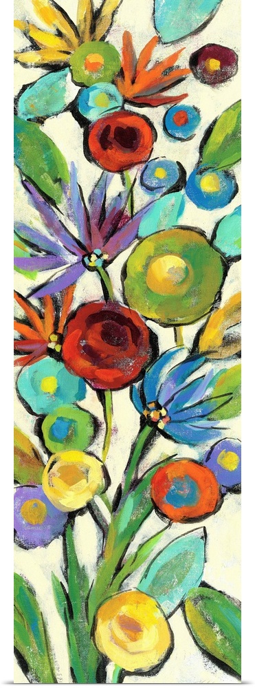 Tall, rectangular painting of colorful wildflowers filling up the entire canvas on a neutral colored background.