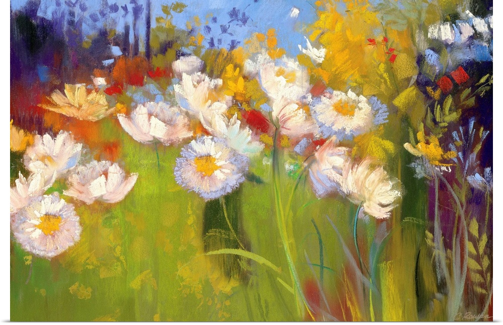 Contemporary painting of daisies in a field sprinkled with tall grass and wheat stalks.