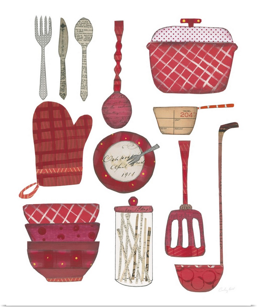 Red designed kitchen utensils  and supplies made out of written recipe cards and paint.