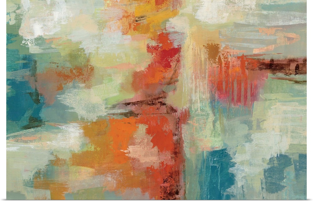 Contemporary abstract artwork in bright oranges and blues.