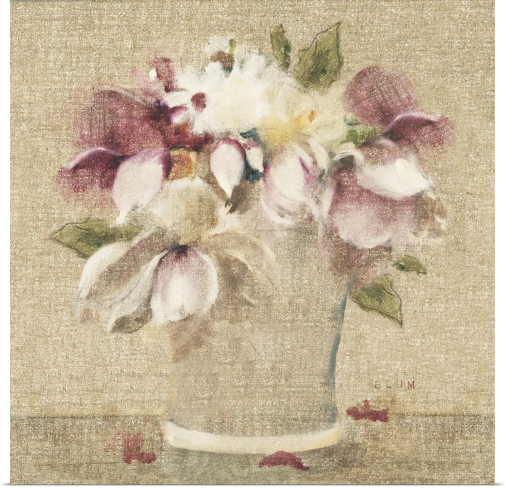A square contemporary painting of a bouquet of flowers in muted colors and a textured finish.