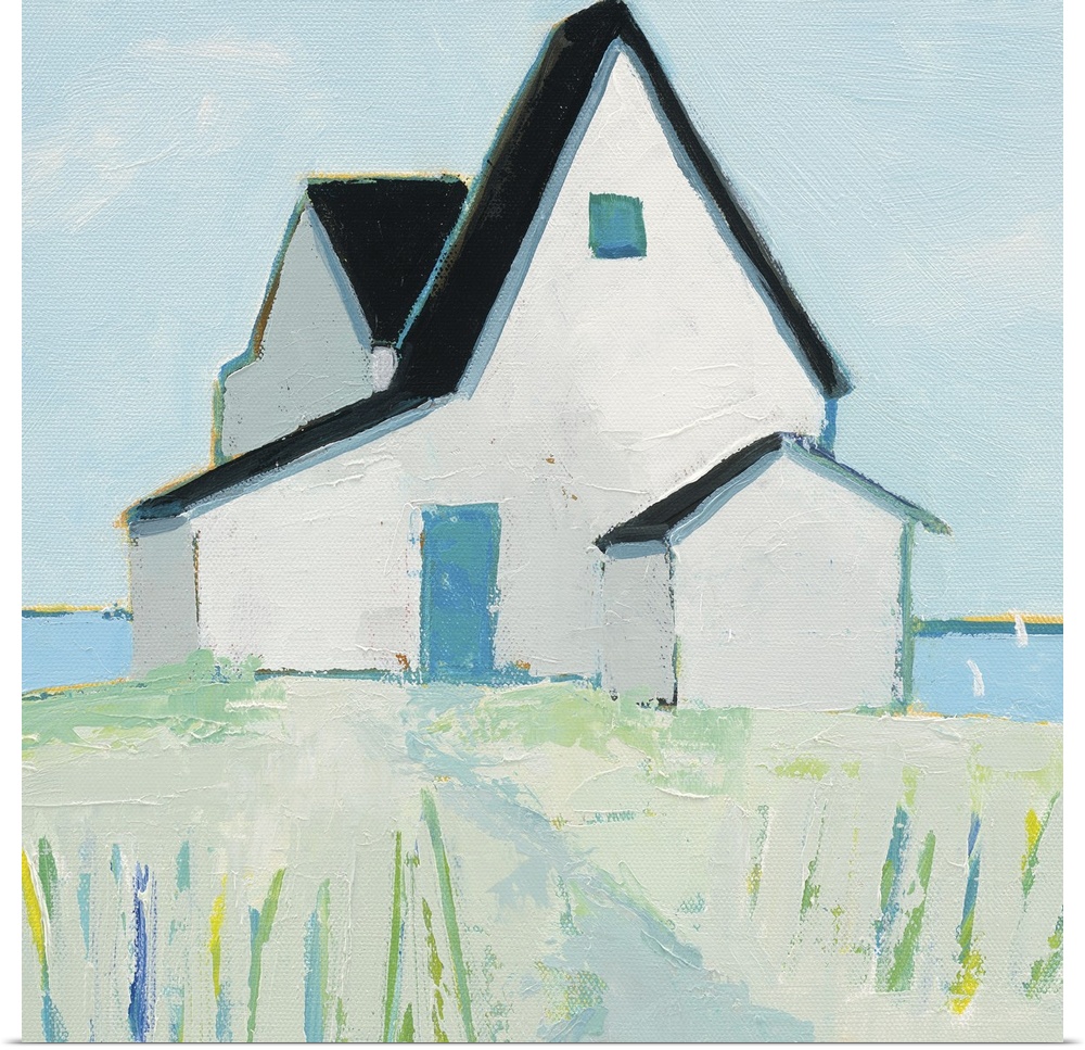 Contemporary painting of a cottage by the ocean with cool blue, green, white, and yellow hues.