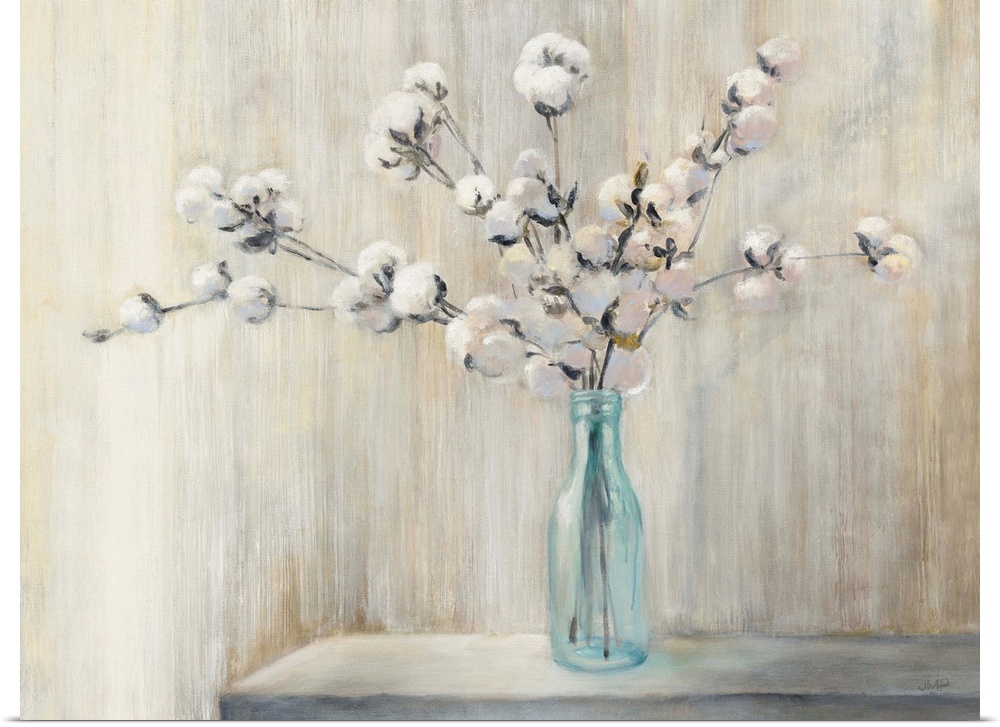 Still life painting of a cotton bouquet in a glass bottle with a neutral colored background.