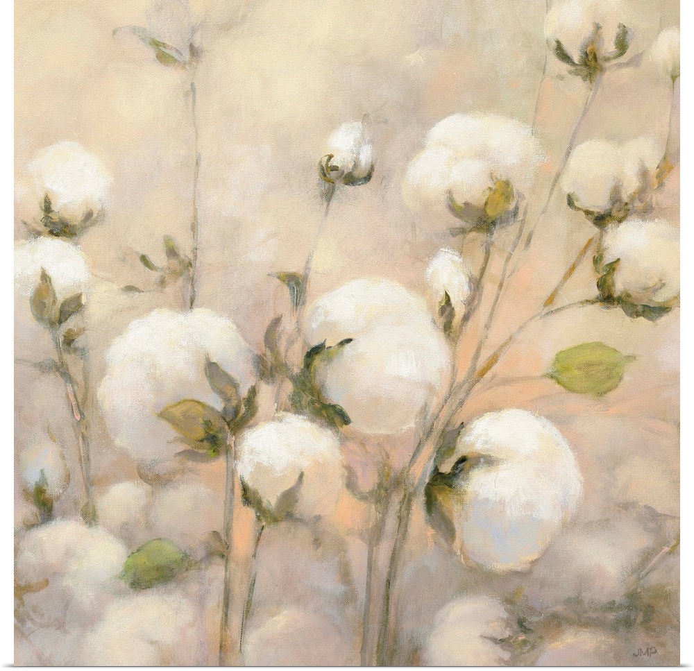 Square painting of wild cotton with a warm background.