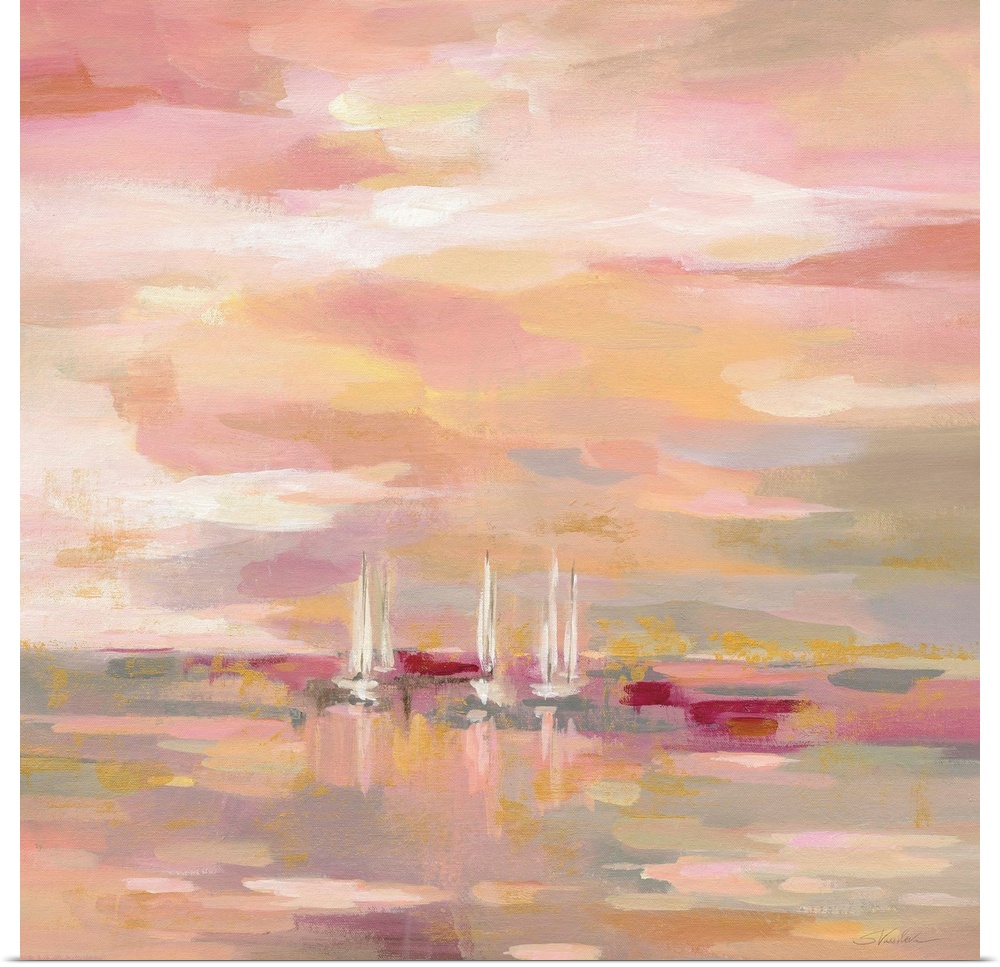 A square painting of sailboats in the ocean in warm shades of pink and yellow.