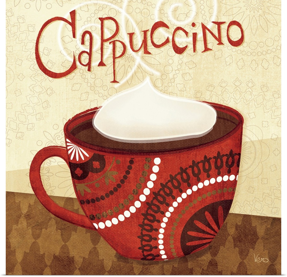 Contemporary artwork of a coffee cup with decorative patterns, with the text "Cappuccino" at the top of the image.
