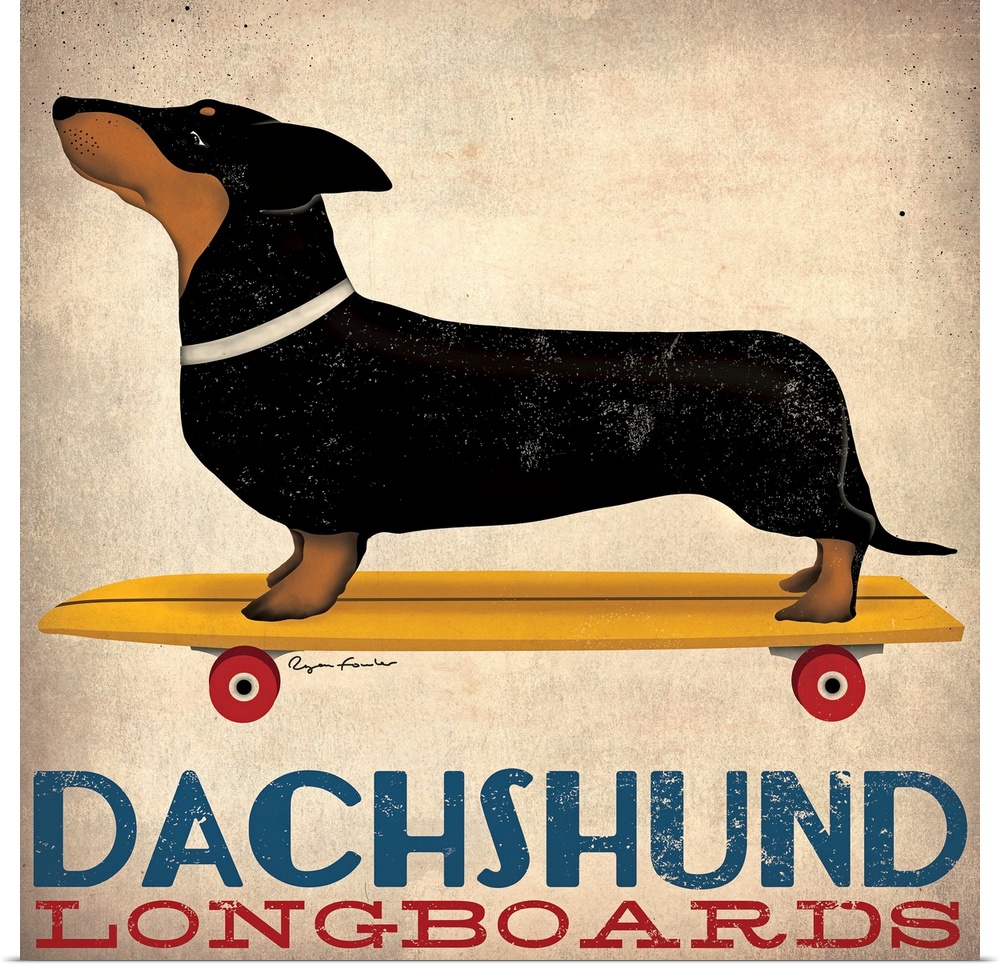 Artwork of a dachshund standing on a long skateboard. Text is printed just below it.