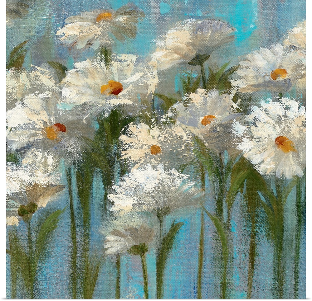 This big canvas wall art is a contemporary painting of several impressionistic flowers against a simplified backdrop.