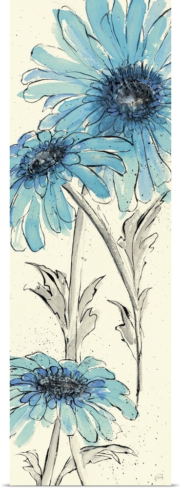 Contemporary artwork of blue flowers close-up in the frame of the image.