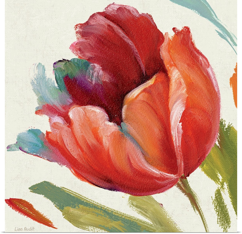 Contemporary painting of flower blossom with background full of thick colorful random brush strokes.
