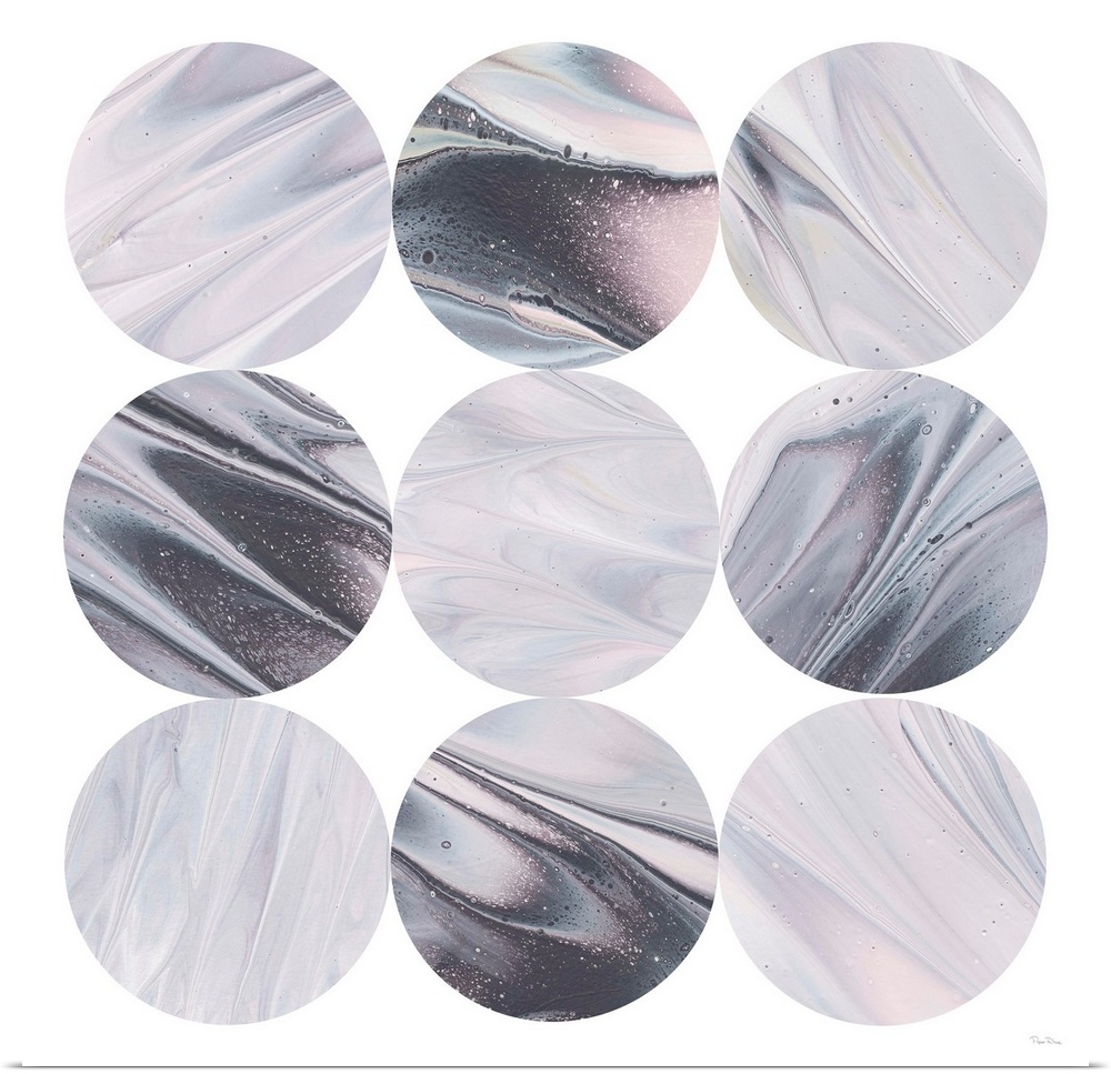 Square geometric art of purple, blue, black, and pink marble designed circles stacked in rows on a solid white background.