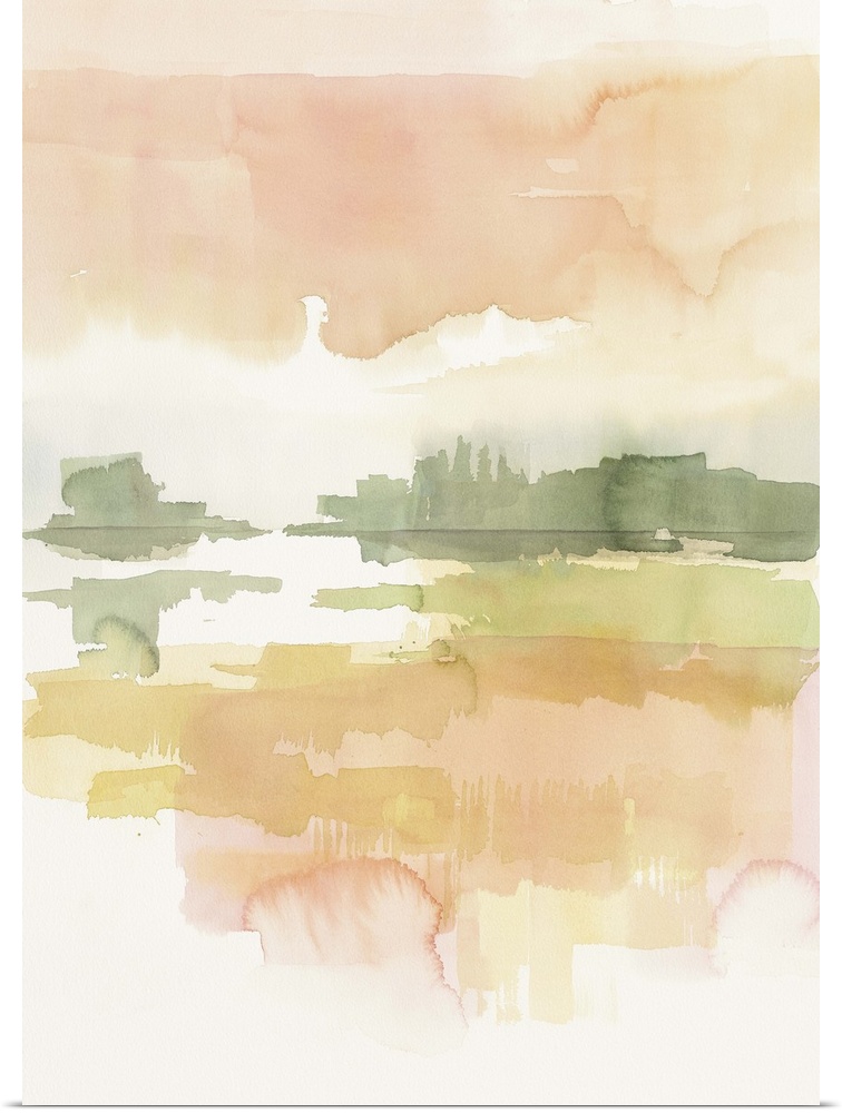 Watercolor painting of a simple landscape in soft pink morning light.