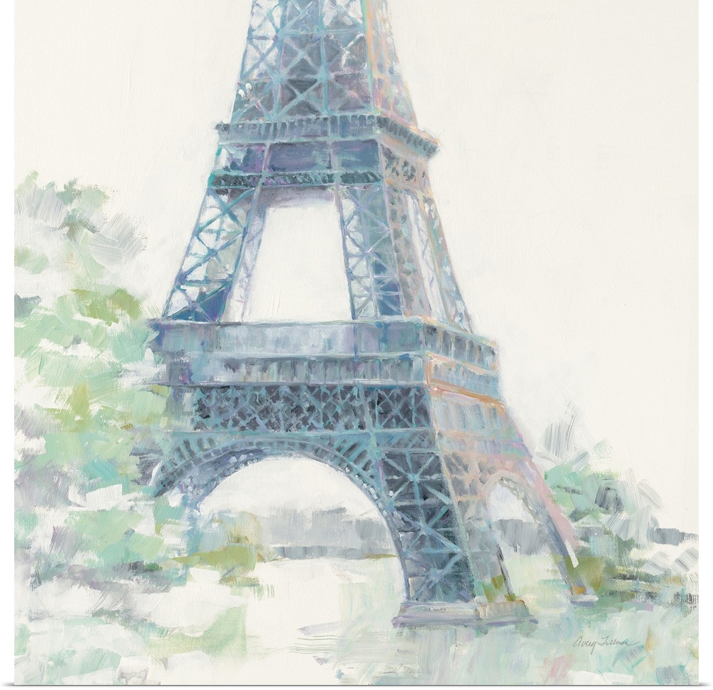 Contemporary painting of the bottom part of the Eiffel Tower made with pastel hues on a white, square background.