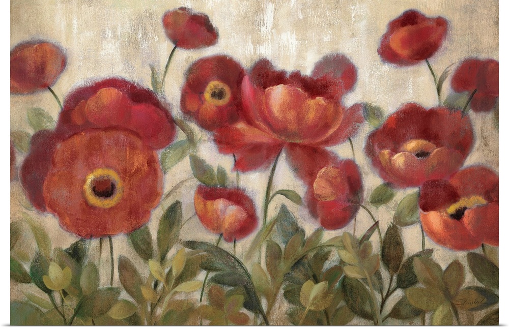 Soft, dreamy contemporary painting of a group of round poppies in a garden with short leaves, on a pale neutral background.