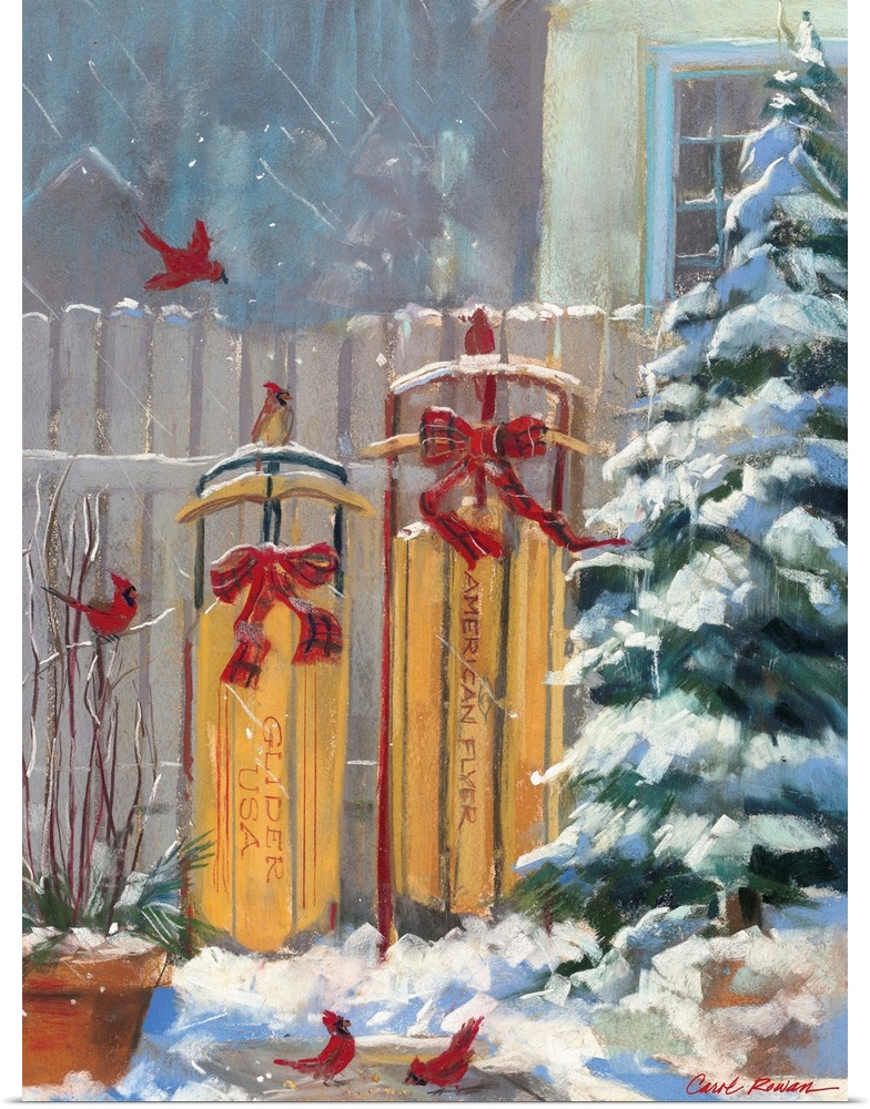 Contemporary painting of an idyllic winter scene, depicting two sleds leaning up against a fence, next to a snow covered t...