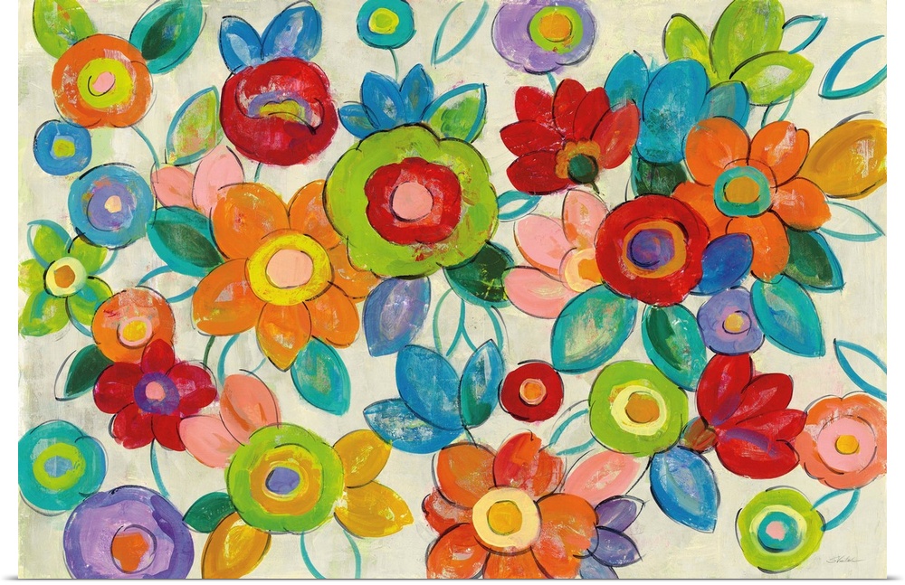 Large abstract painting of bright flowers on a neutral background.
