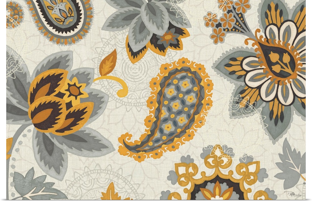 Oversized landscape home art docor of a paisley and floral pattern in grey and golden tones, on a background of colorless,...