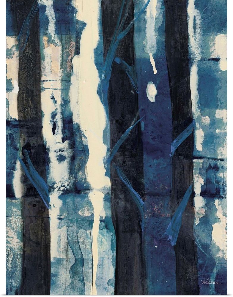 Vertical abstract painting of textured roughed vertical lines in shades of blue.