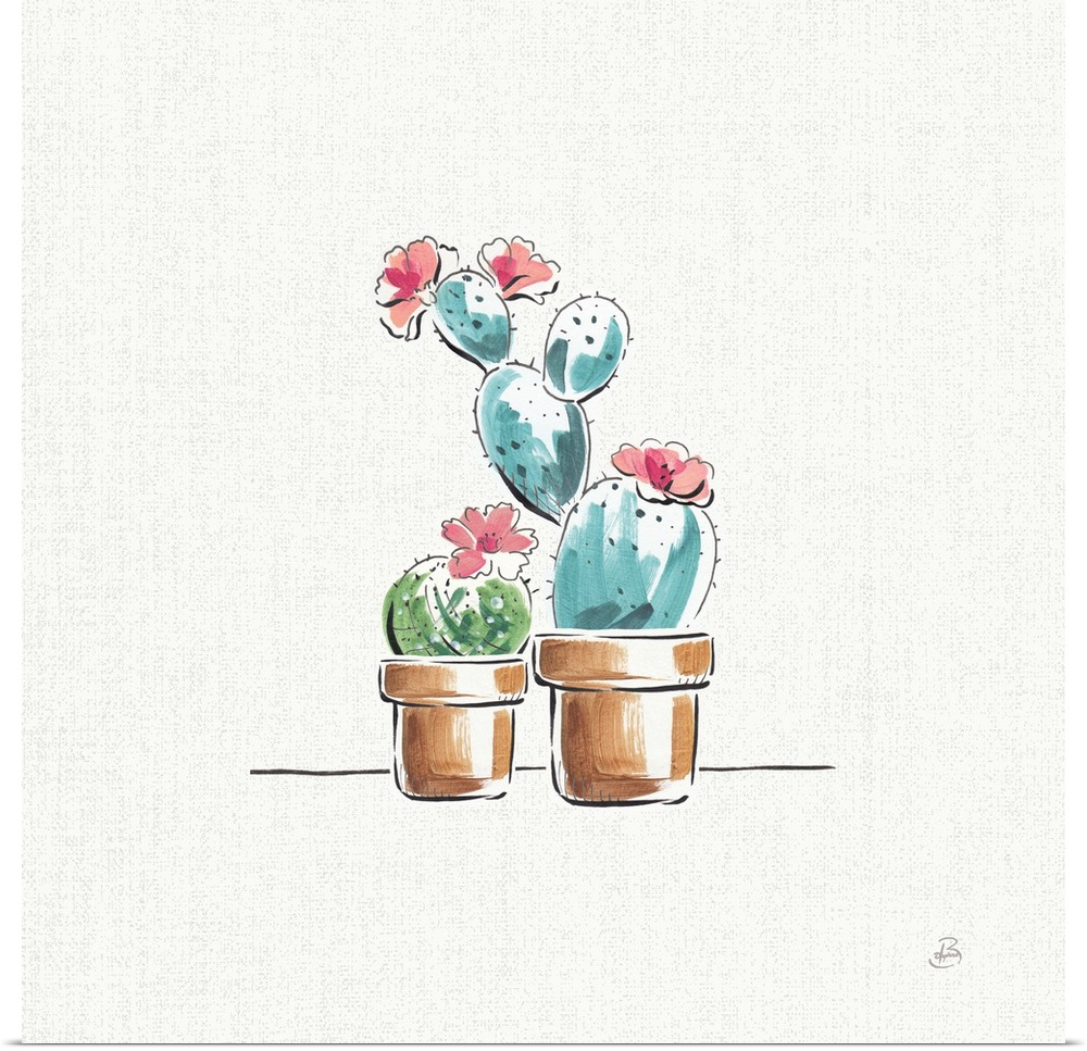 Illustration of two potted cacti with pink flowers on a white and gray square background.