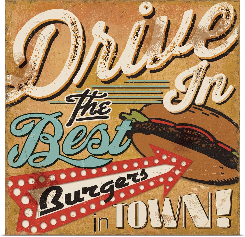 Retro style sign for a drive in, with an arrow pointing to a burger.