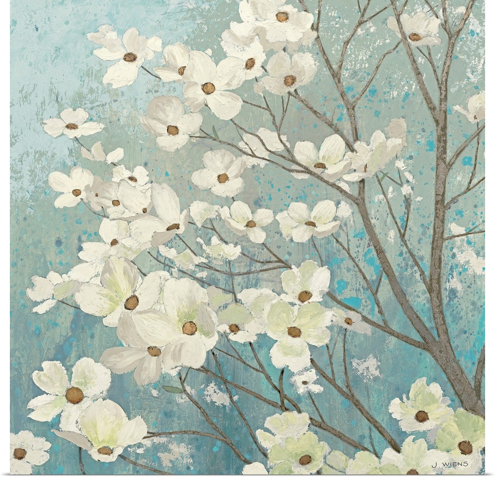 Painting of flower filled tree branches.