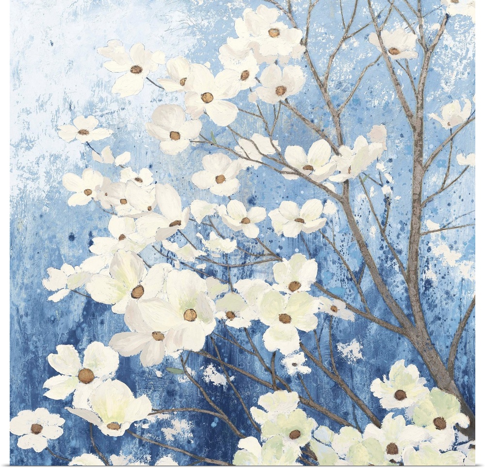 A square temporary painting of a dogwood tree full of blooms with a textures blue background.